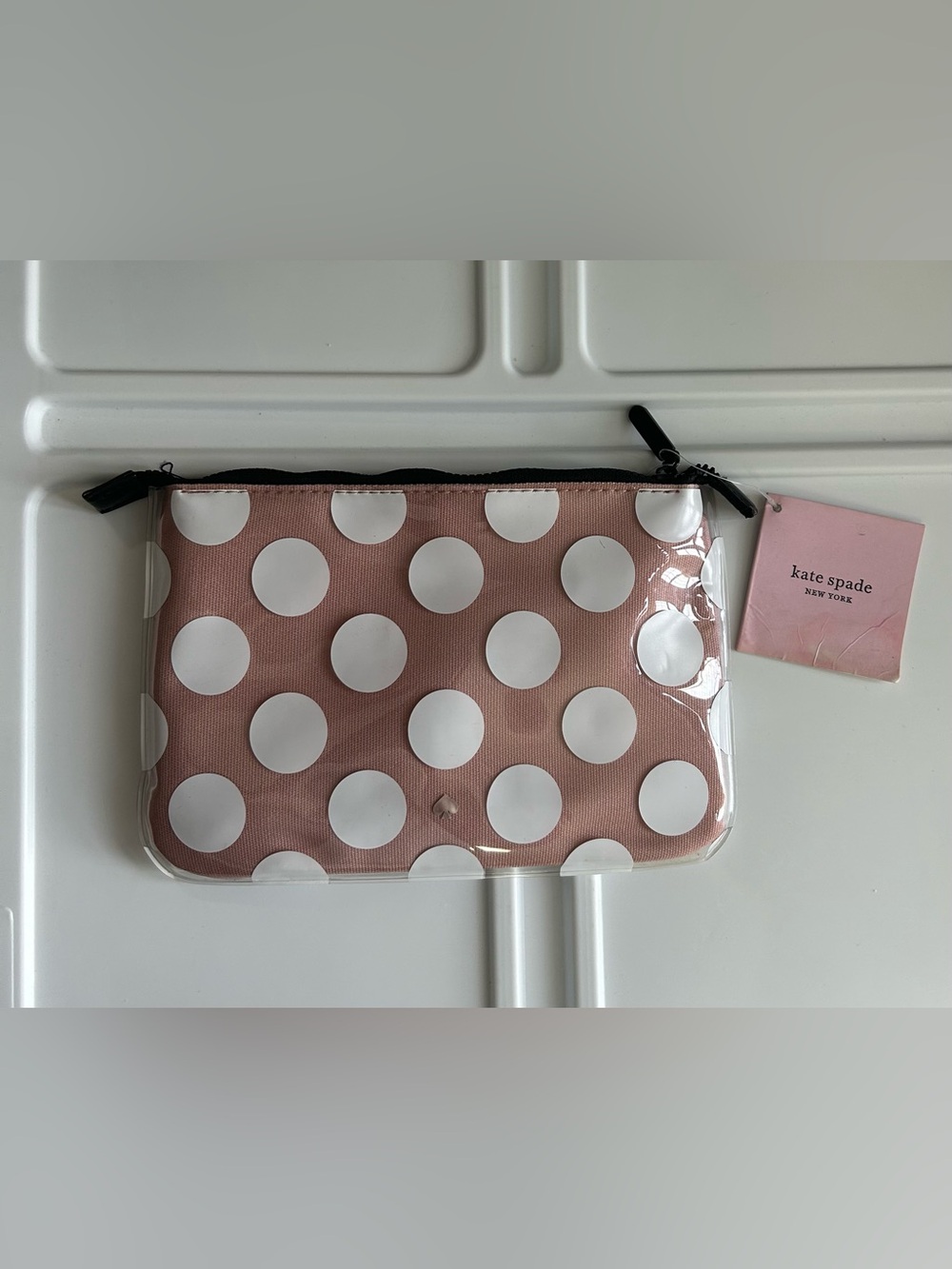 Kate Spade New York Pink White Polka Dot Clear Pencil Pouch Zip Case Preppy NWT
